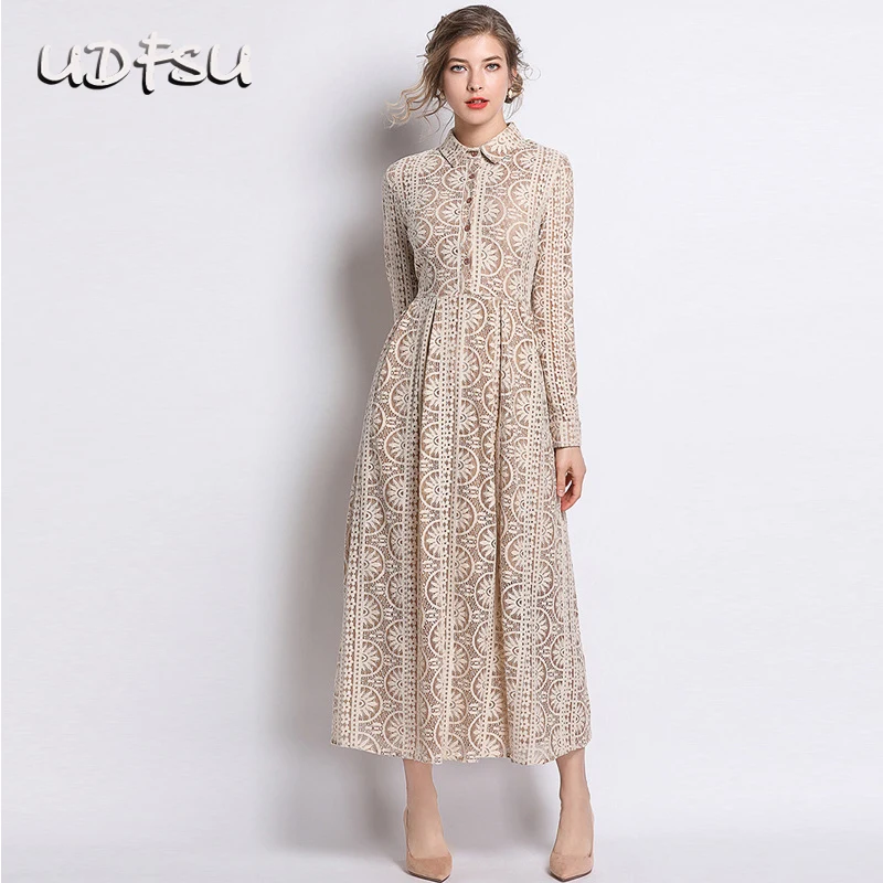 

UDFSU Women Long Sleeve Turn-down Collar Evening Dress Hollow Out Lace Vintage Party Gowns Appliques Formal Evening Dresses