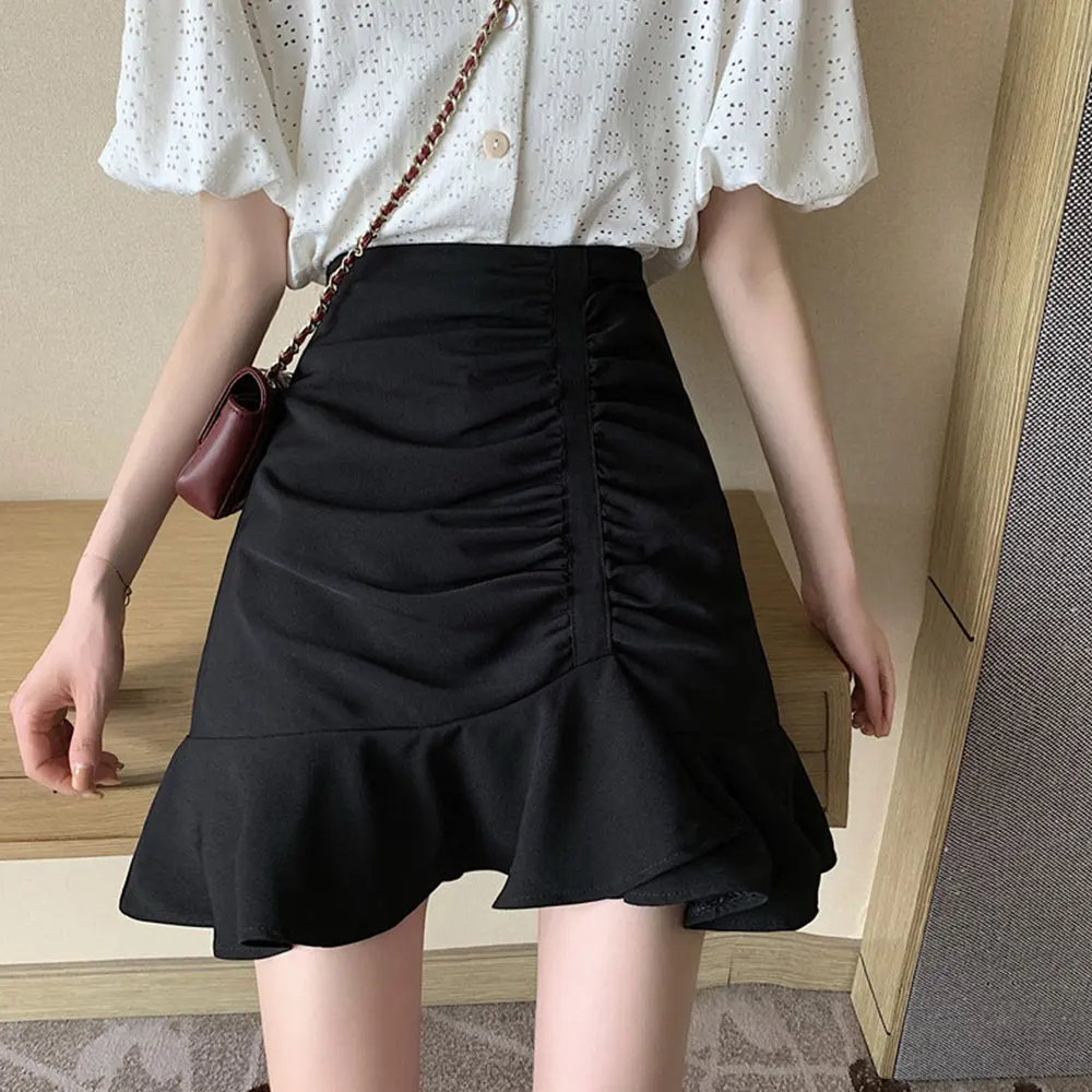 

Jocoo Jolee Women Ruffles Pleated A-Line High Waist Irregular Summer Sexy Solid Elegant Skinnny Preppy Style Club Mini Skirt