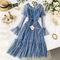 young gee elegant mesh lace embroider women dress bow collar flare sleeve party dresses sexy elastic waist midi dresses vestido