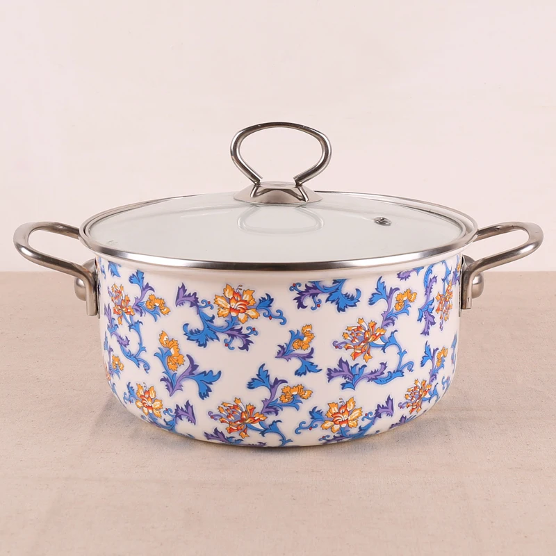 

Фарфоровая эмалированная Толстая кастрюля в европейском стиле с двойными ушками, ручка из нержавеющей стали, стеклянная крышка, кастрюля д...