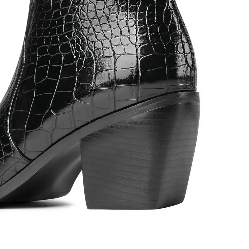 

Autumn Women Boots Print Pu Western Boots Square High Heel Ankle Boots Pointed Toe Zipper Winter Shoes Ladies Black Brown