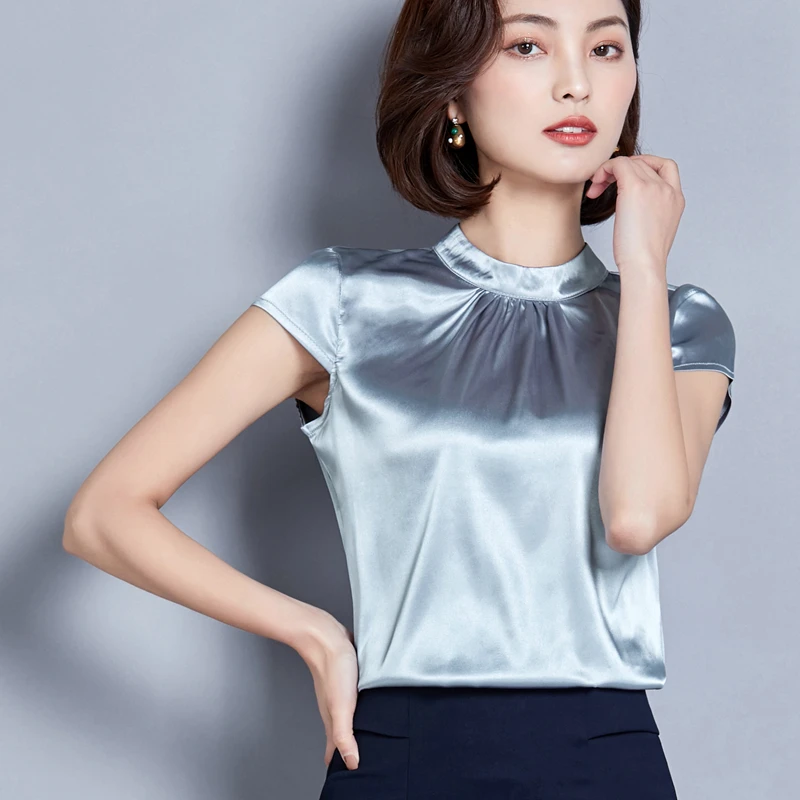 

Silk Women Blouse 2021 Summer New Turtleneck Short-Sleeved Slim Lady Elegant Pulls Top Quality