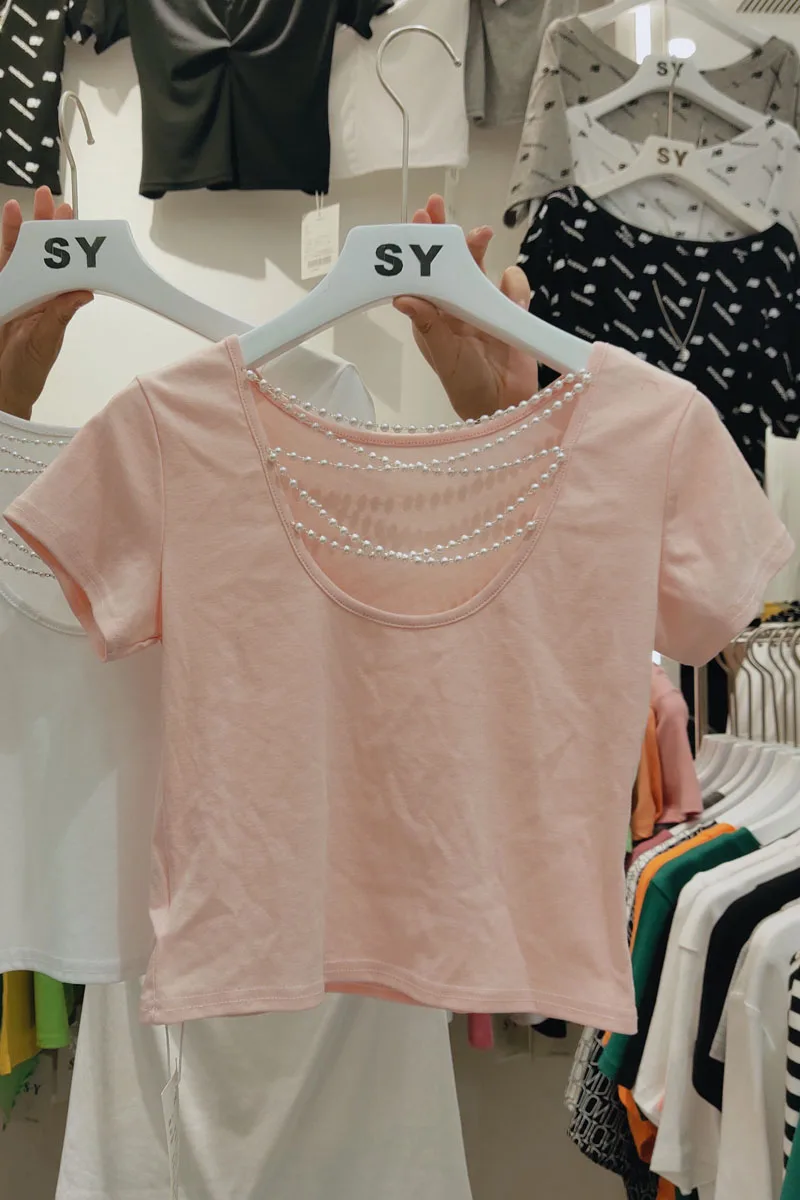 

Summer 2021 New Pearl Chain Beading Low Round Neck Solid Color Tee Elegant Sexy High Waist Short Top Female's Sweet T-shirt