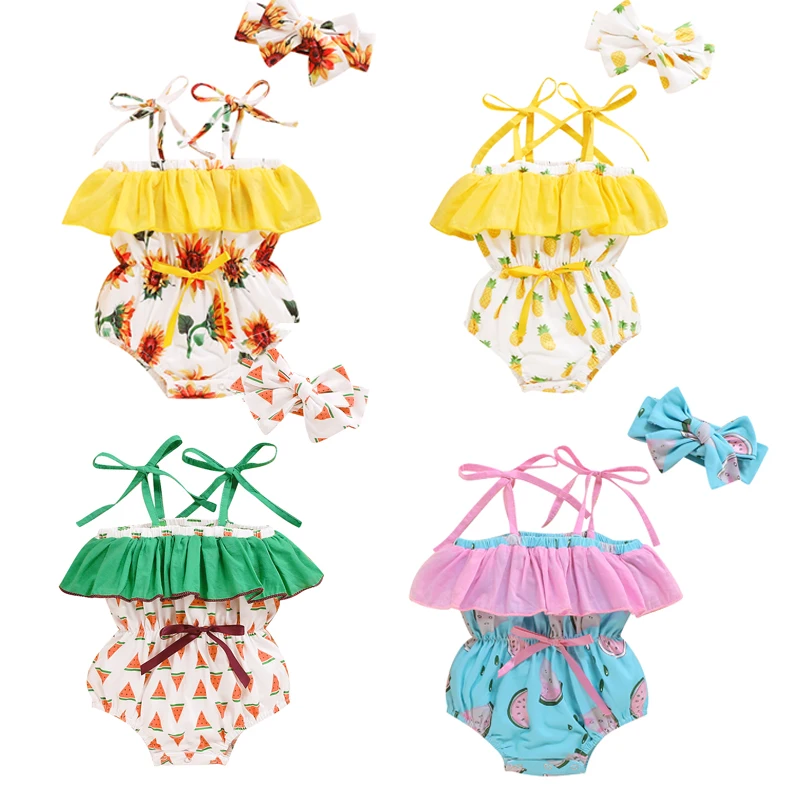 

Toddler Baby Girls Summer Clothing Sleeveless Cotton Floral Print Bodysuits and Headband 2PCS Outfits 0-18 Months