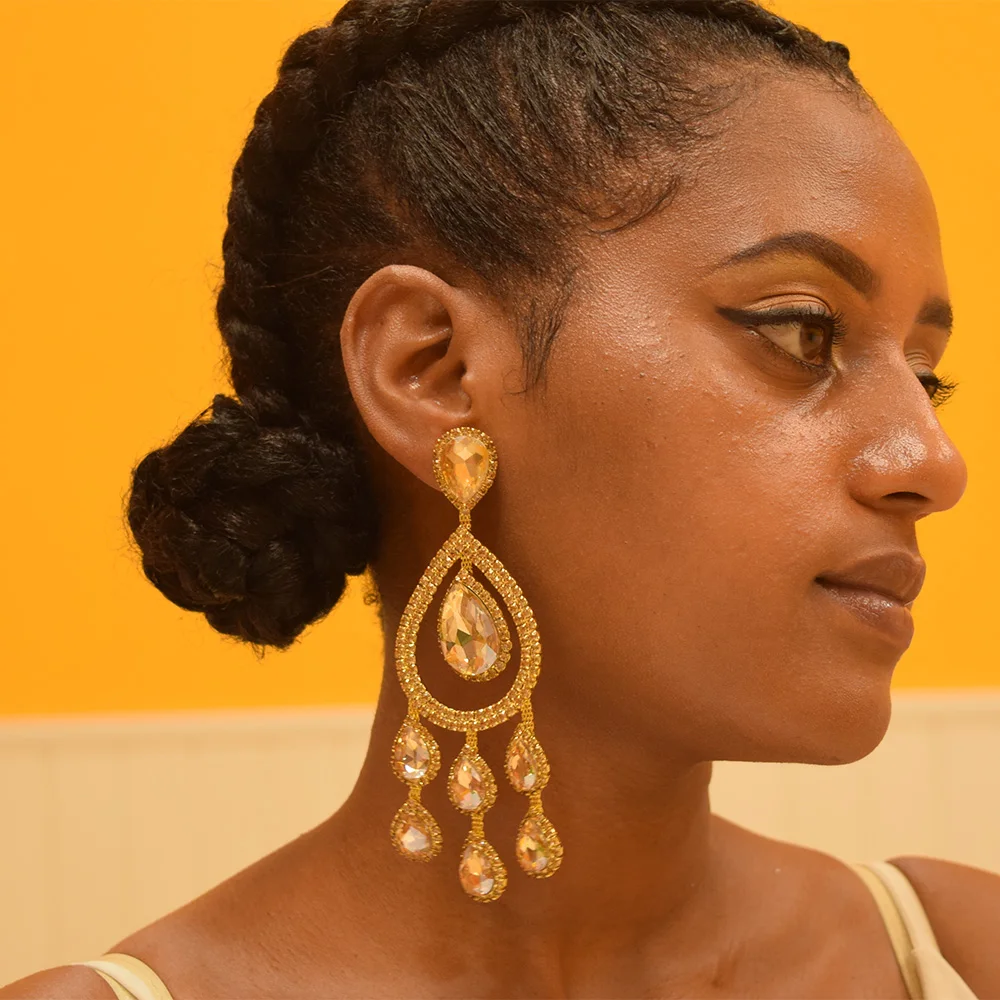 

12.8cm length big size women exquisite dangle drop water rhinestones AB crystal earrings for bride wedding jewelry earring