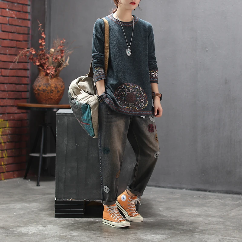 Женский свободный вязаный свитер в стиле ретро Повседневный с круглым вырезом и