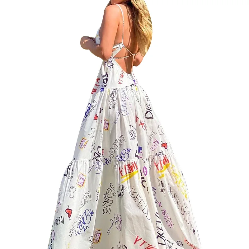 

European and American autumn new products women's fashion sexy cross belt halter strap dress printed dress elegant ladies skirt