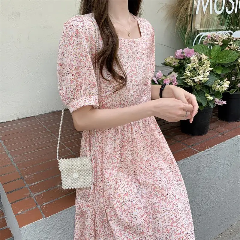 

Summer Women's Floral Chiffon Dress Loose Female Robe Short Sleeve Square Collar Bandage Dress
