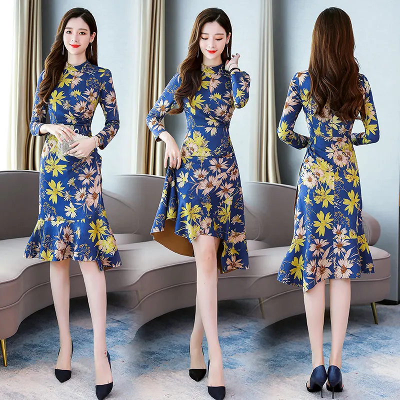 Замшевое платье с длинным рукавом и цветочным принтом вечерние платья трапеции