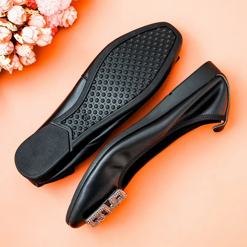 Genuine Leather Women Flats Spring Summer Slip-On Flat Shoes Square Toe Sapato Feminino Drop-shipping Rhinestone Women Ballerina
