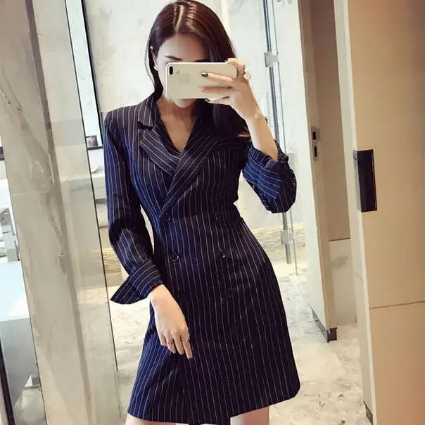 Полосатый офисный Женский Осенний Тонкий Блейзер платье сексуальный синий Тренч