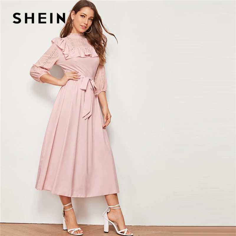 SHEIN женское платье с декоративной оборкой и поясом, весенне-осеннее длинное платье, приталенное и расклешенное ТРАПЕЦИЕВИДНОЕ элегантное платье в стиле ампир