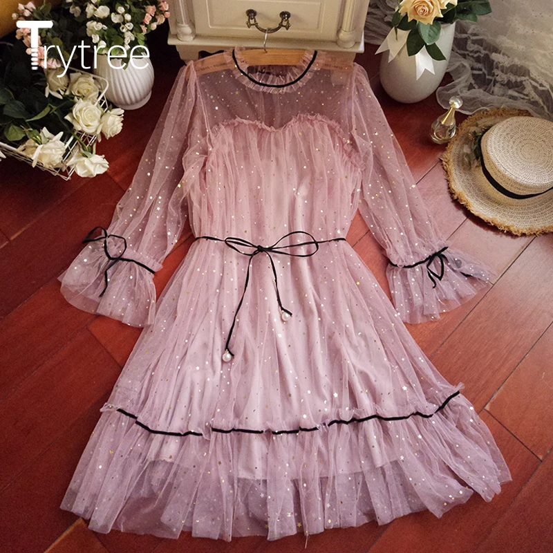 Trytree 2020 весеннее женское платье повседневное лоскутное кружевное мини