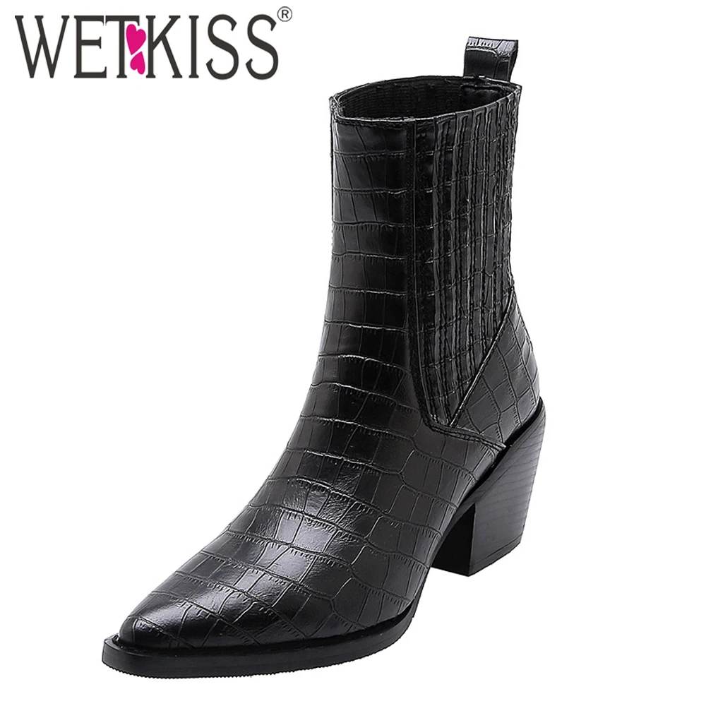 

Wetkiss Autumn&Winter Women Emboss Pu Western Boots Women Ankle High Heels Thick Ladies Pointed Toe Shoes WJ7979