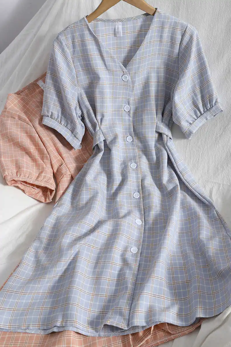 

Age reduction sweet little fresh Plaid Girl Dress spring dress show thin versatile Korean breasted short sleeve V-neck A-line