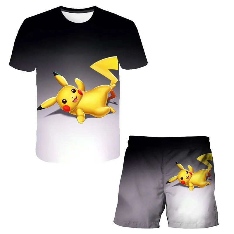 

2021 Summer New Boys Pikachu Anime Print T Shirt Suit Children's Tees Baby Kids Cartoon Pokemon 4-14 Year Clothes Tops Clothing