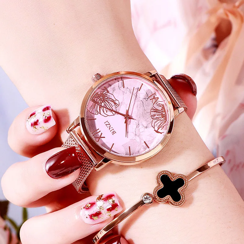 Нержавеющая сталь сетка розовое золото водонепроницаемые женские наручные часы