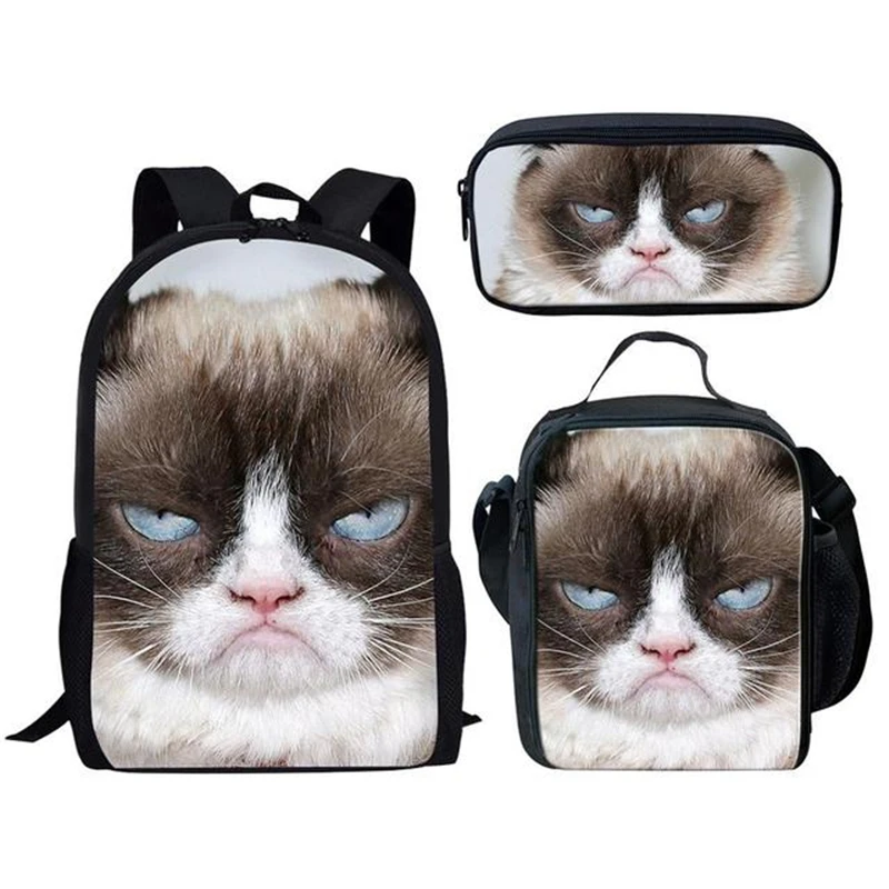 

Набор из 3 шт. школьных сумок с принтом милых злых кошек для девочек и мальчиков-подростков, детский рюкзак для книг, школьный портфель на зак...