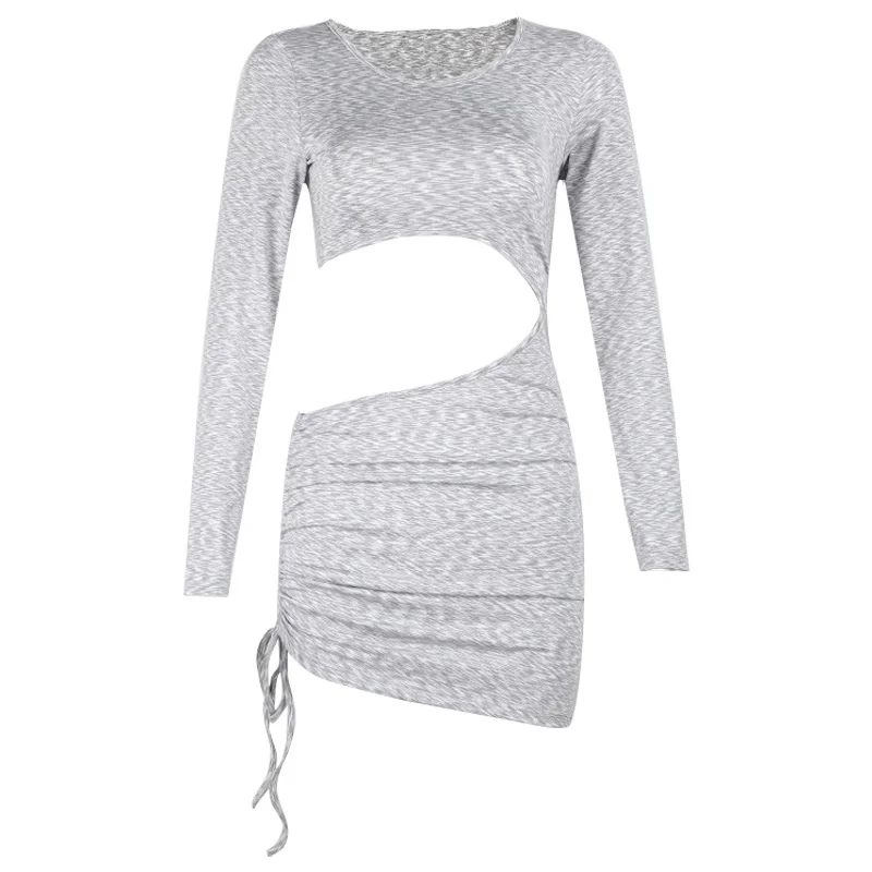 

Autumn and Winter Round Collar Sexy Slim Cut Out Drawstring Wrinkled Round Collar Pencil Dress Summer Women's Clothing