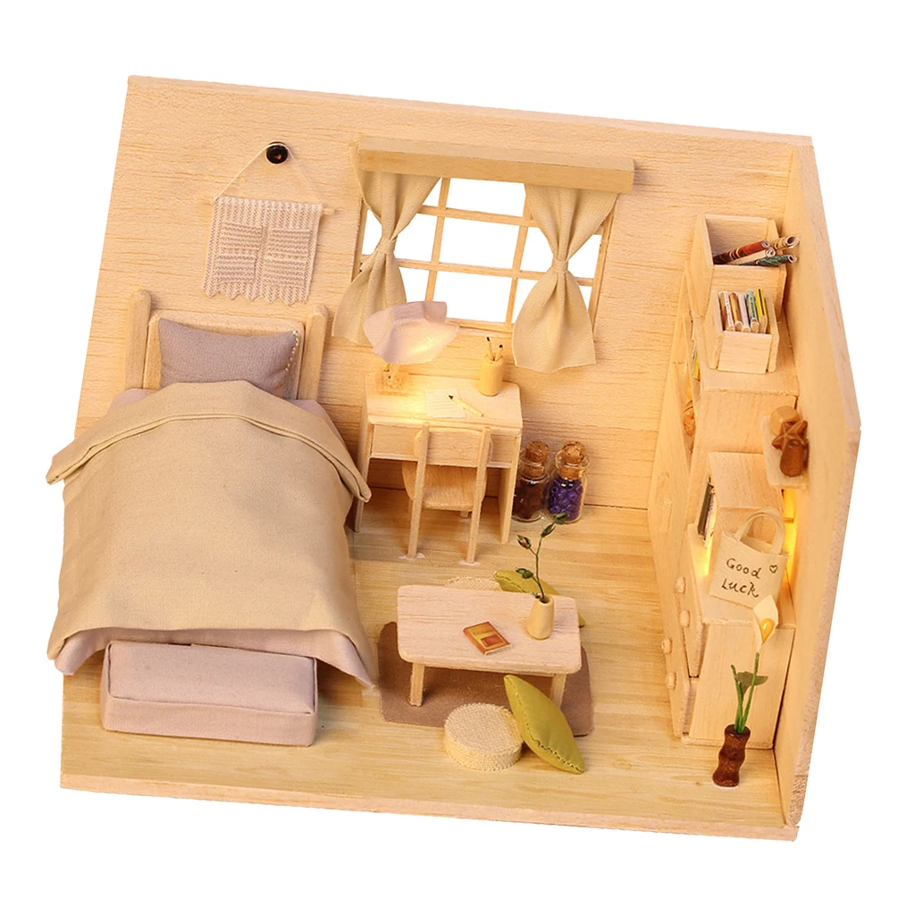 

Wooden DIY Dollhouse Kit Miniature Bedroom with Furniture and LED Light