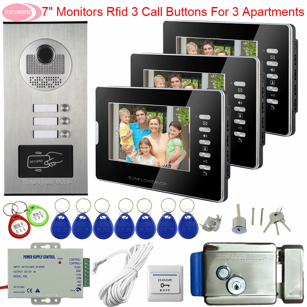 Для 3 квартиры видеодомофон 7 дюймов белый/черный контроль доступа домофон для