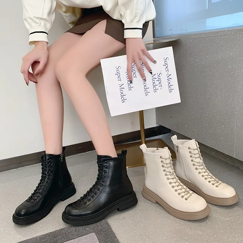 Women's Boots Women's Motorcycle Boots Shoes Lace-up Leather Non-slip Fashion Thick-soled Women's 2021 New Fall