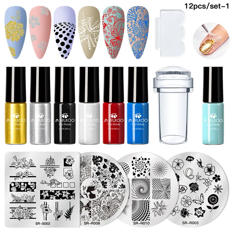 Стемпинг ногтей покрытие набор цветок полоса дизайн штамп пластины черный белый