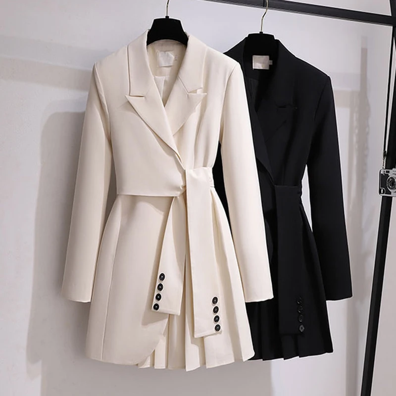 

Women's 2021 Fall New High Waist Dress Suit Collar Solid Color Loose Long Sleeve Lace Up Knee Skirt Mini A-line Skirt Women