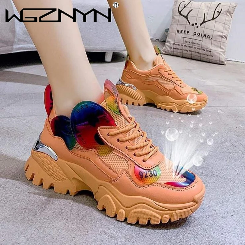 

Hot Sales Women Chunky Sneakers Designers Mixed Colors Lace Up Old Dad Shoes Platform Woman Casual Shoes Tenis Female Trainers