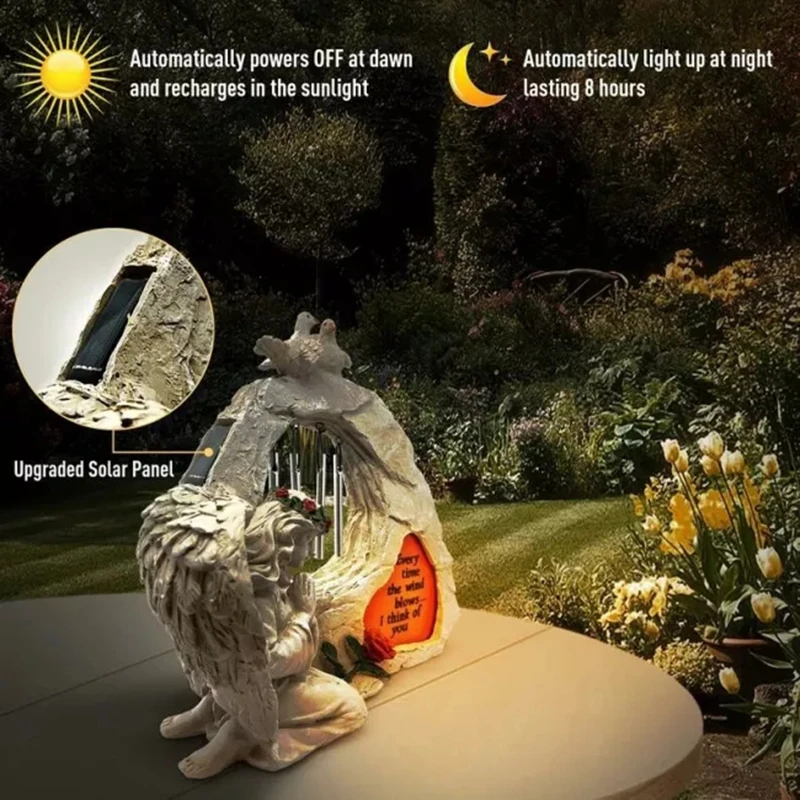 

Memorial Garden Statue with Wind Chimes & Solar Led Lights Kneeling Angel Figure Praying Angel Sculpture for Outdoor DFD