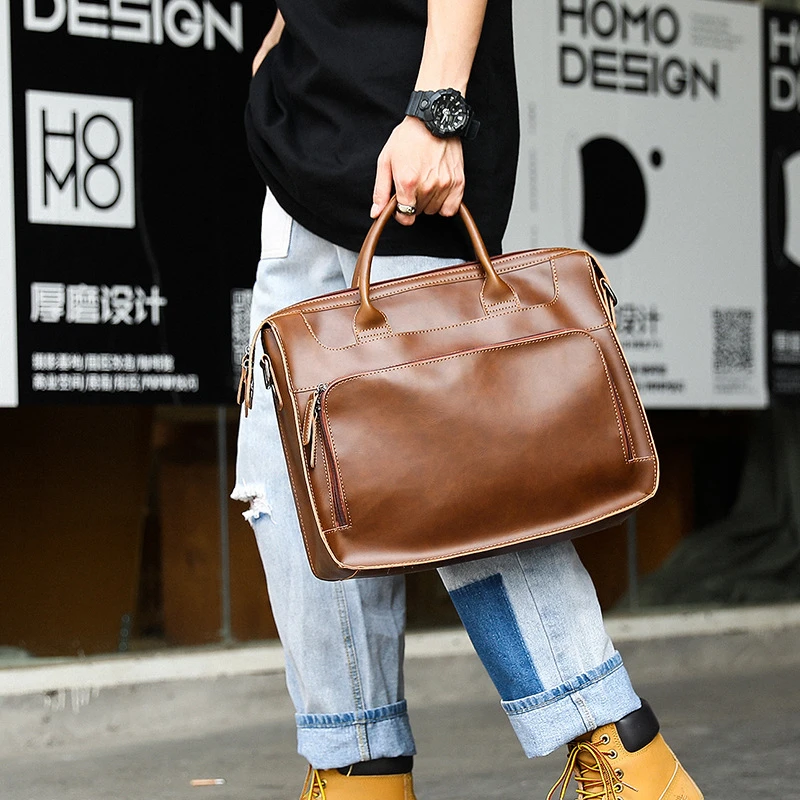 

New Laptop Bags Bolsa Marron Fashion Mens Leather Computer Back Pack Vintage Crazy Horse Messenger Bag Men Business Briefcase