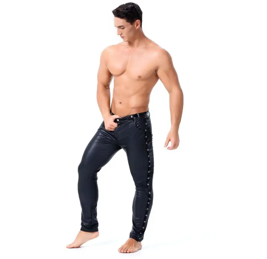 Высокоэластичные мужские черные латексные леггинсы из искусственной кожи