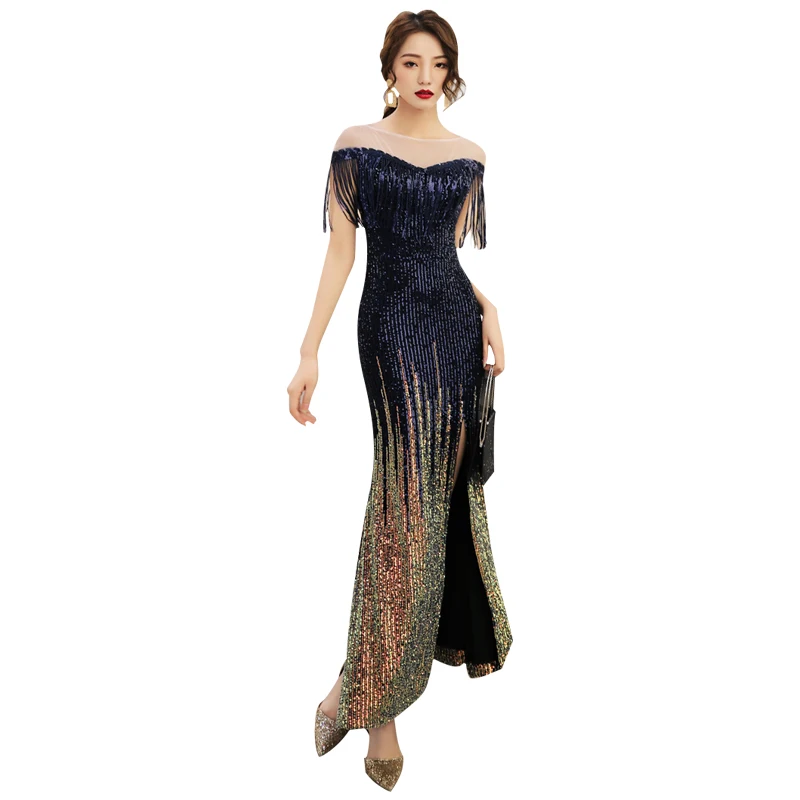 Женское вечернее платье с блестками элегантное коротким рукавом и круглым