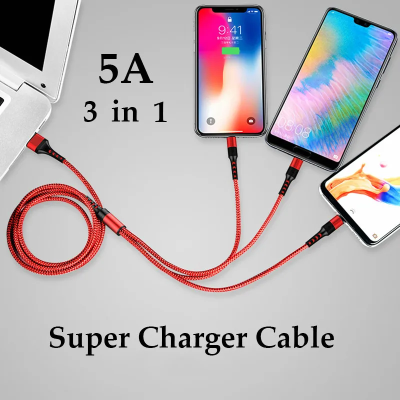 USB-кабель зарядный 3-в-1 с оплеткой 5 А 1 м | Мобильные телефоны и аксессуары