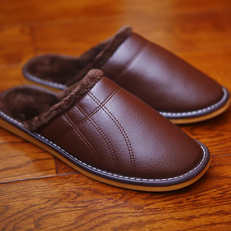 

Couple's Winter PU Leather Indoor Slippers Women's Anti-Slip Warm Home Shoes Thick Comfortable House Slippers for Men