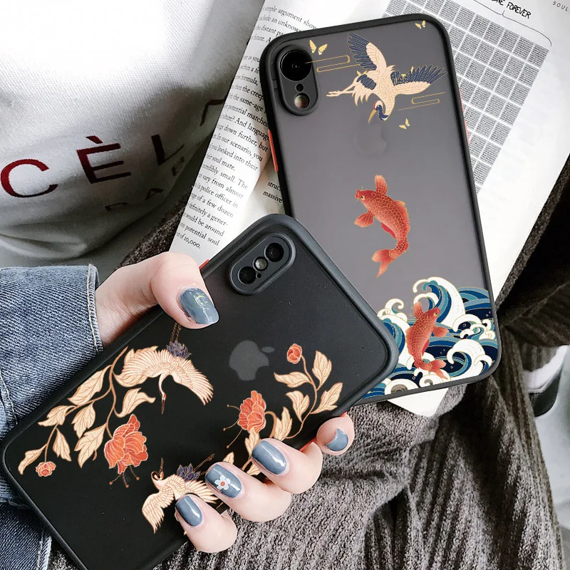 Crane and Koi Chinese style Phone Cases For iPhone 11 12 14 13 Pro Max For iPhone 8 7 Plus SE2 XR XS Max X Shockproof Back Cover