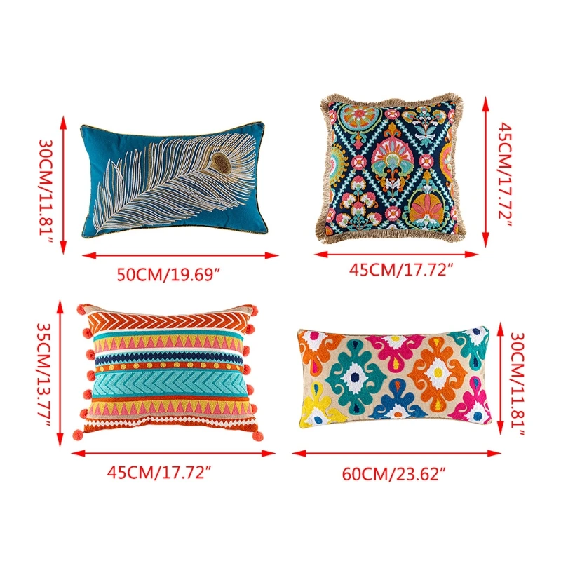 

Vintage Bohemian Style Tufted Lumbar Pillow Case Embroidered Alpaca Geometric Floral Pompom Tassels Throw Cushion Cover F19B