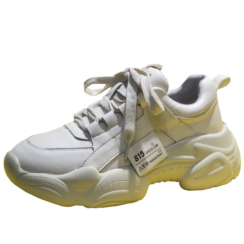 New White Leather Sneakers Women Autumn Fashion Comfortable Round Toe Thick-soled Sports Lace-up Non-slip Casual Women's Shoes