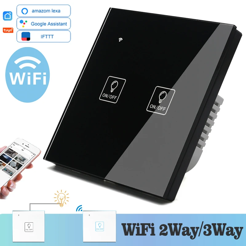 

WIFI Touch Light Icon Wall Switch Black Glass Blue LED Universal Smart Home Phone Control 2 Gang 2 Way relay Alexa Google Home