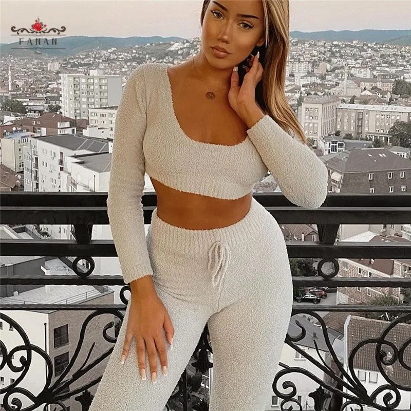 

Plush Knitted Sweater Sets Fluffy Suits for Women Winter Sexy Low Collar Long Sleeve Shorts Tops+pants Outfits 2pcs Ladies Sets