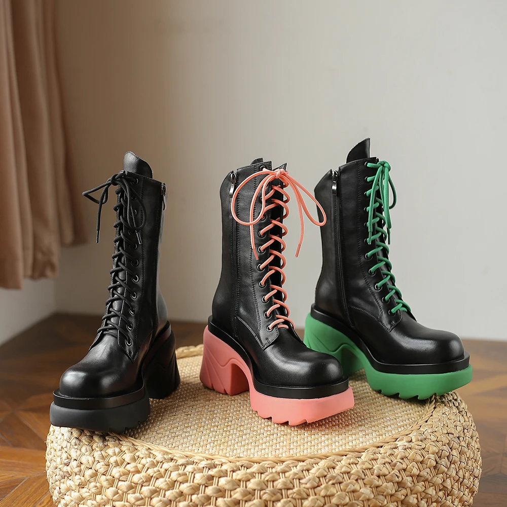 

Aliona Shoo Platforms Women Ankle Boots Autumn Winter Cross-Tied Fashion Side Zipper Thick Heels Shoes Woman New Motorcycle Boot