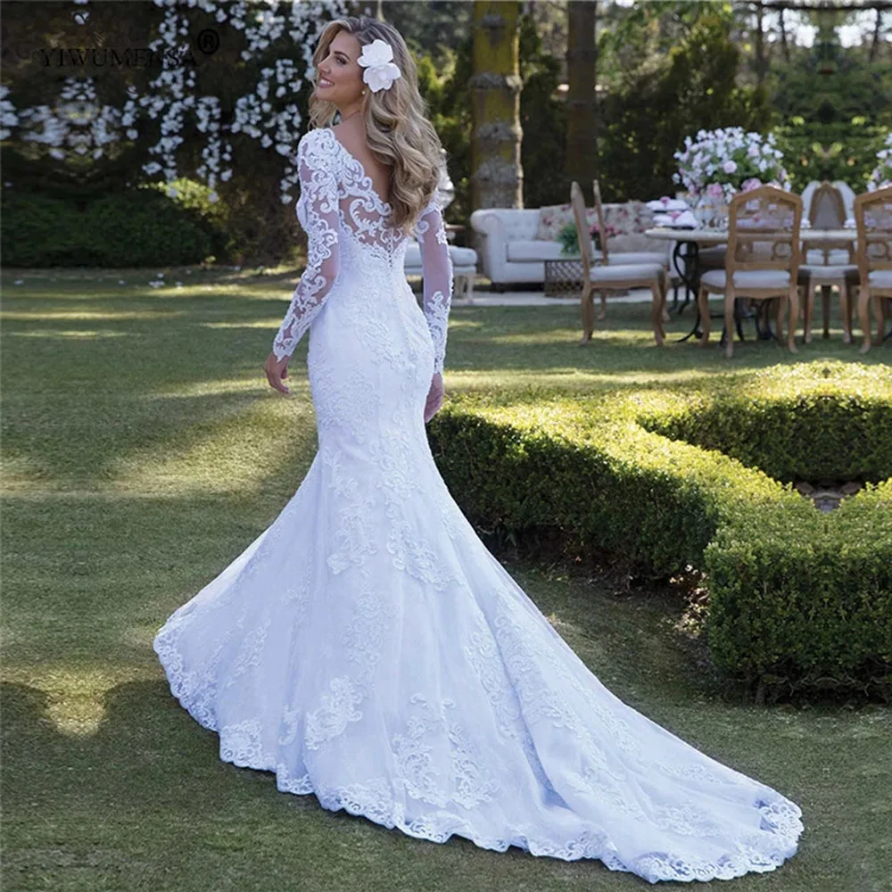 

Vestido De Noiva Sereia White Mermaid Wedding Dress Backless Appliques Bride Trouwjurk Bridal Gowns Custom Made Robe De Mariee