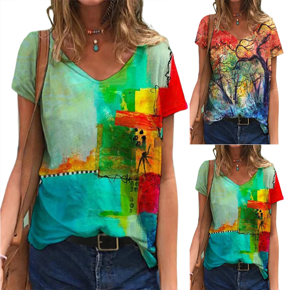 

Women Harajuku Streetwear Tshirts Vintage Printed Tops Casual Short Sleeve V-neck Plus Size Tee Femme Summer Lady Clothes