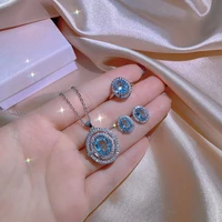 blue crystal oval stone silver color pendant long chian necklace stud earrings adjustable ring for women fashion jewelry set