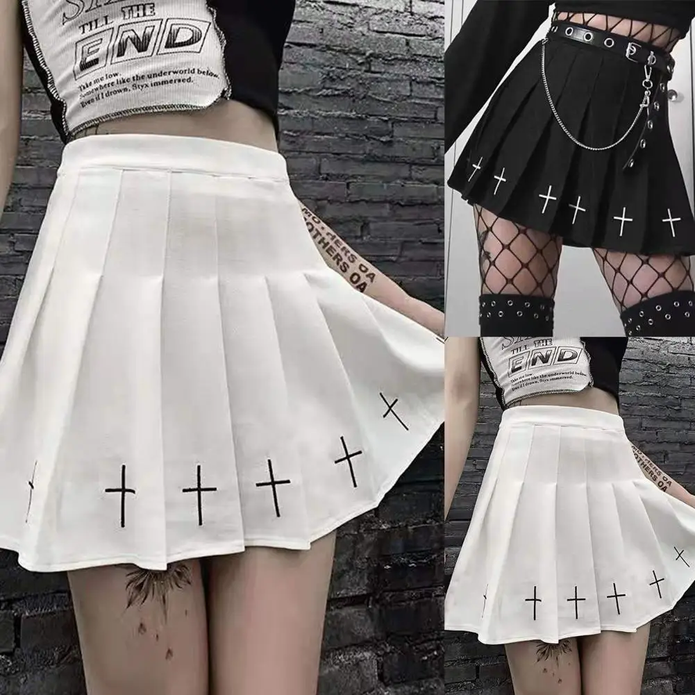 

Solid Color High Waist Cross Print Pleated Women Mini Skirt Streetwear Women Skirts Black Casual Streetwear Vintage Uniform