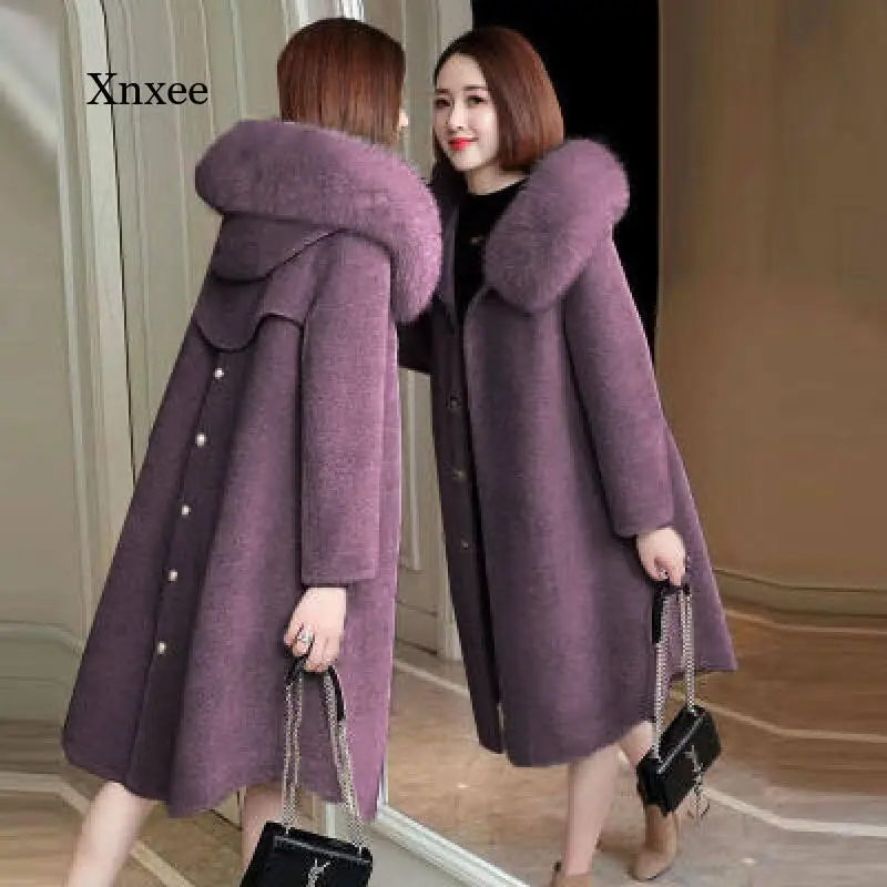 Long Hooded Coat Thick Warm Fashion New Winter Parker Coats Sheep Shearing Fur One Fox Fur Winter Medium Women's Jackets Clothes