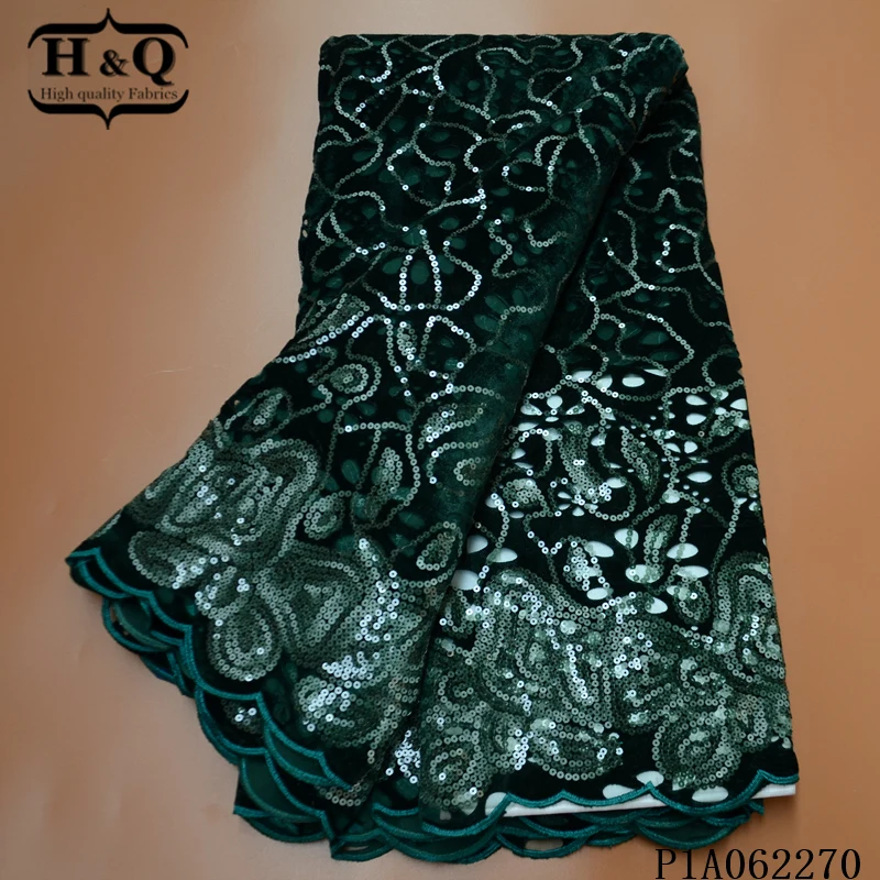 

Зеленая африканская бархатная кружевная ткань H & Q, французская сетчатая вышивка с блестками, 5 ярдов/шт., нигерийские кружевные ткани для ве...