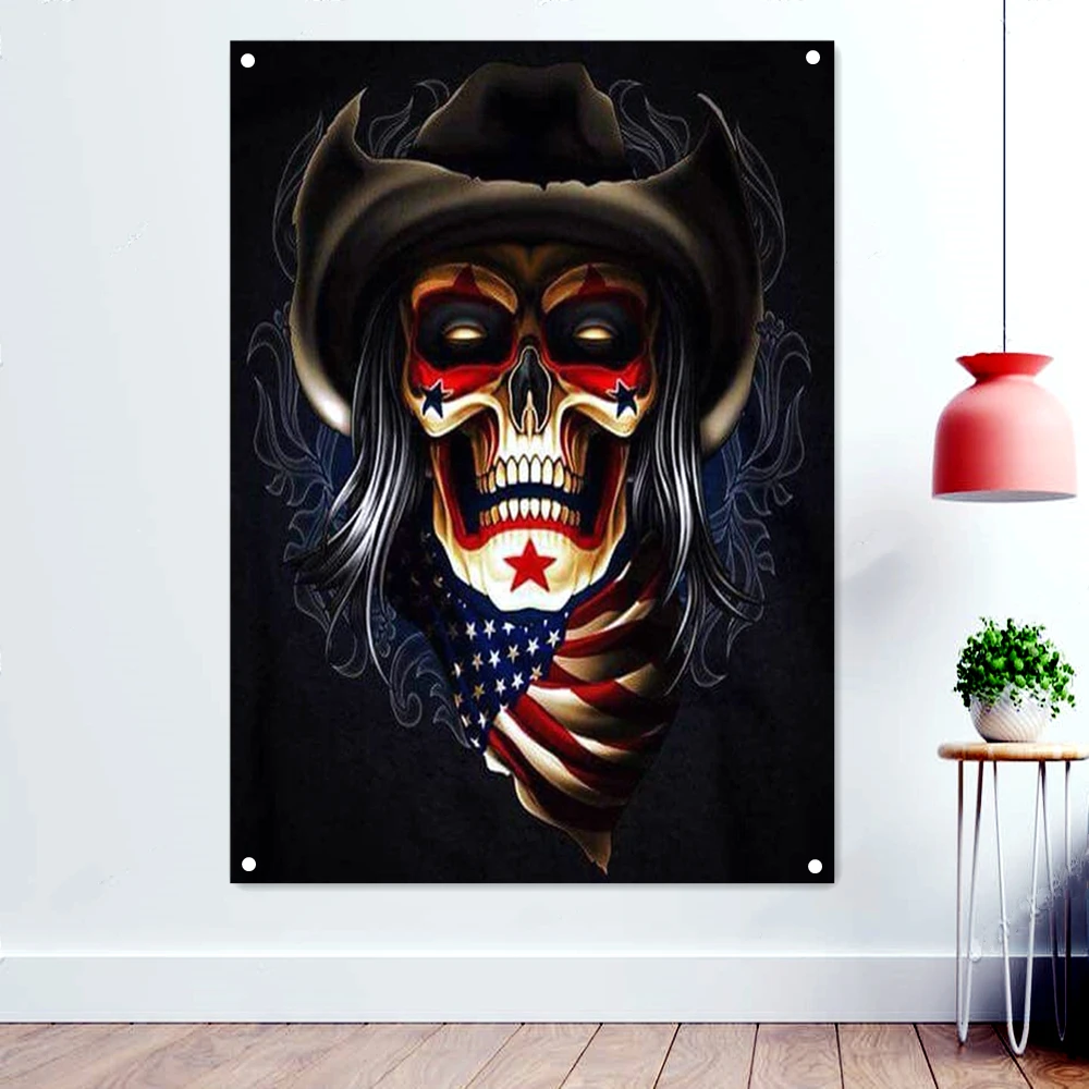 

Skull American Flags Wall Hanging Movie Poster Canvas Painting Vintage Pirate Banners With Four Metal Buckle Living Room Decor