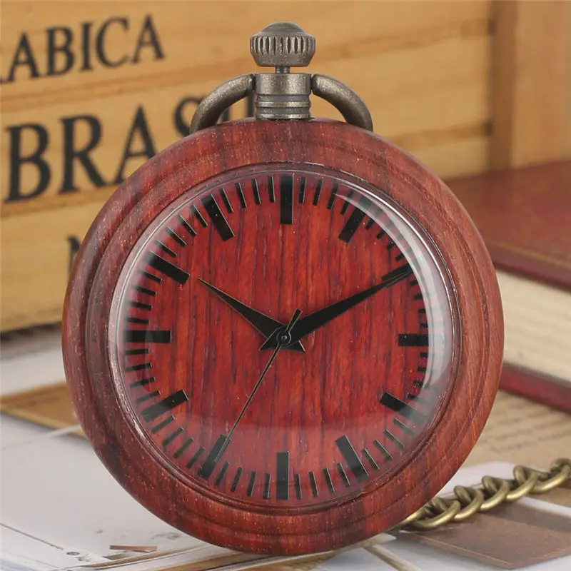 

Retro Red Ebony Wooden Pocket Watch Lady Detachable Metal Rough Chain Men Pendant Watch Gift Business Warcraft relogio de bolso