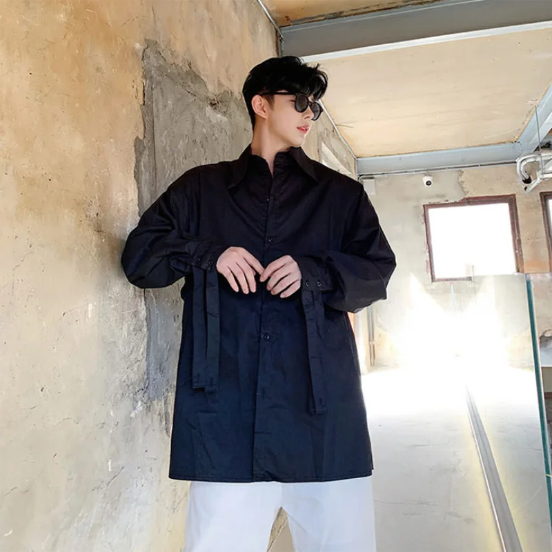 Men's Long Sleeve Shirt Spring And Autumn New Style Personality Ribbon Decoration Street Japanese Casual Loose Large Size Shirt